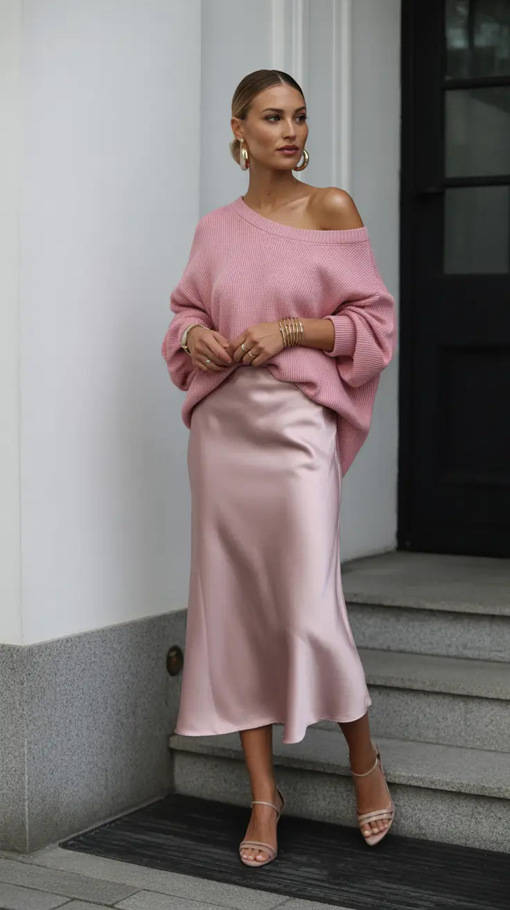top spring going out outfits 2026 - Blush Satin and Knit for Soft Spring Evenings
