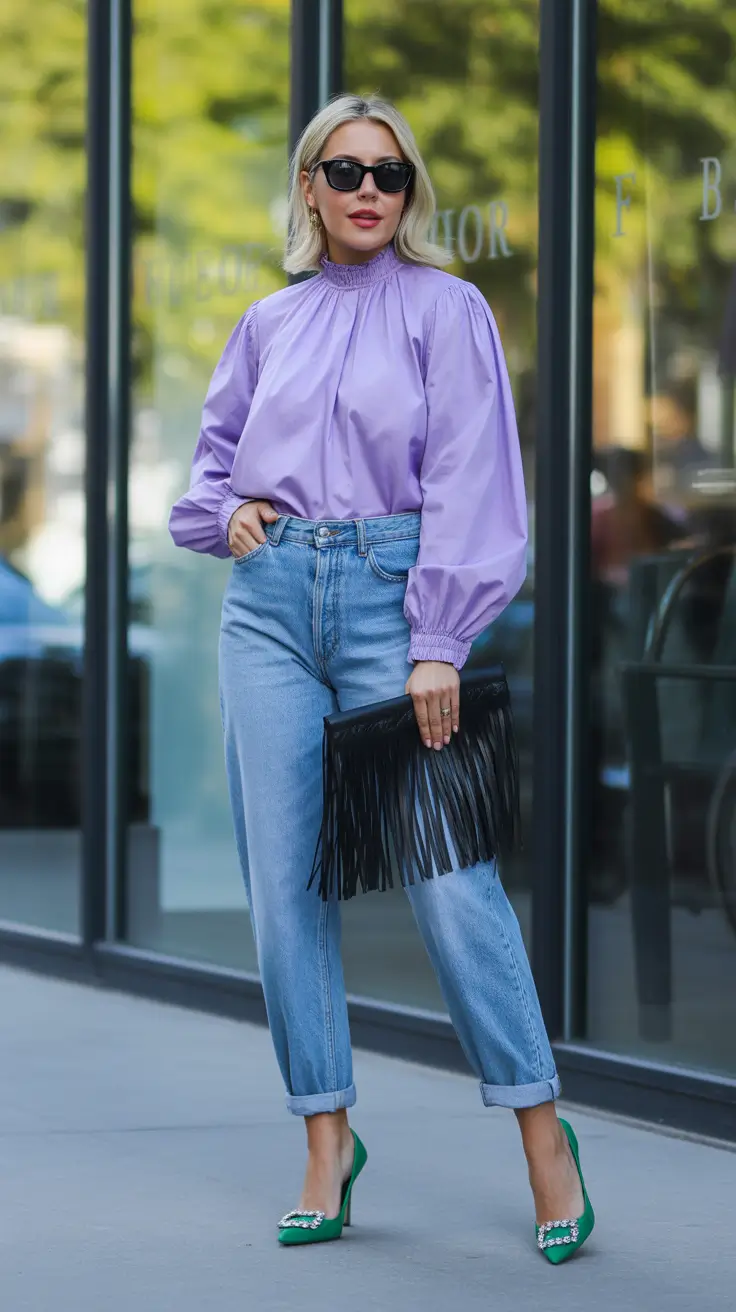 top spring outfits for women over 30 2026 Lavender Volume with Relaxed Denim Ease