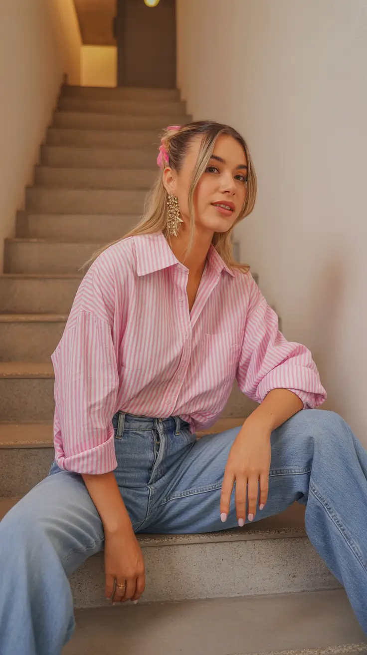 top spring outfits for women over 30 2026 Soft Pink Stripes with Relaxed Spring Denim