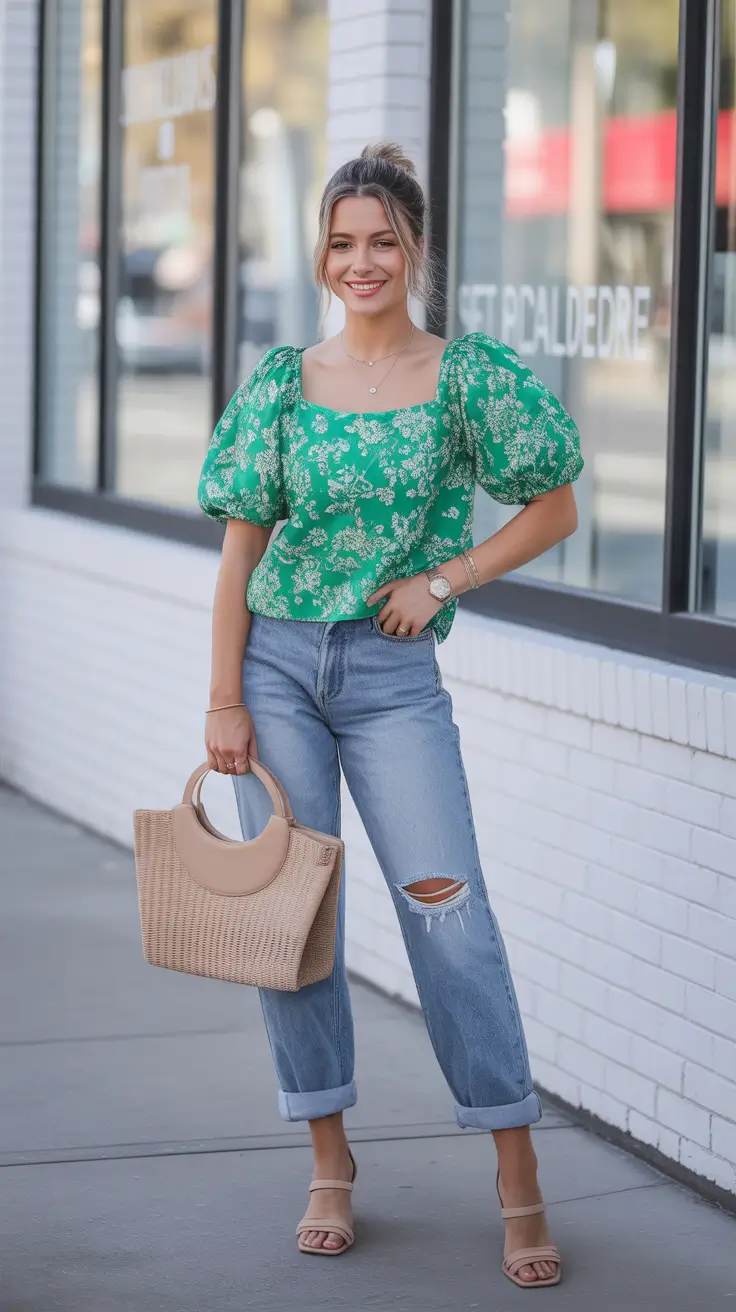 top spring outfits for women over 30 2026 Green Puff-Sleeve Freshness with Easy Denim
