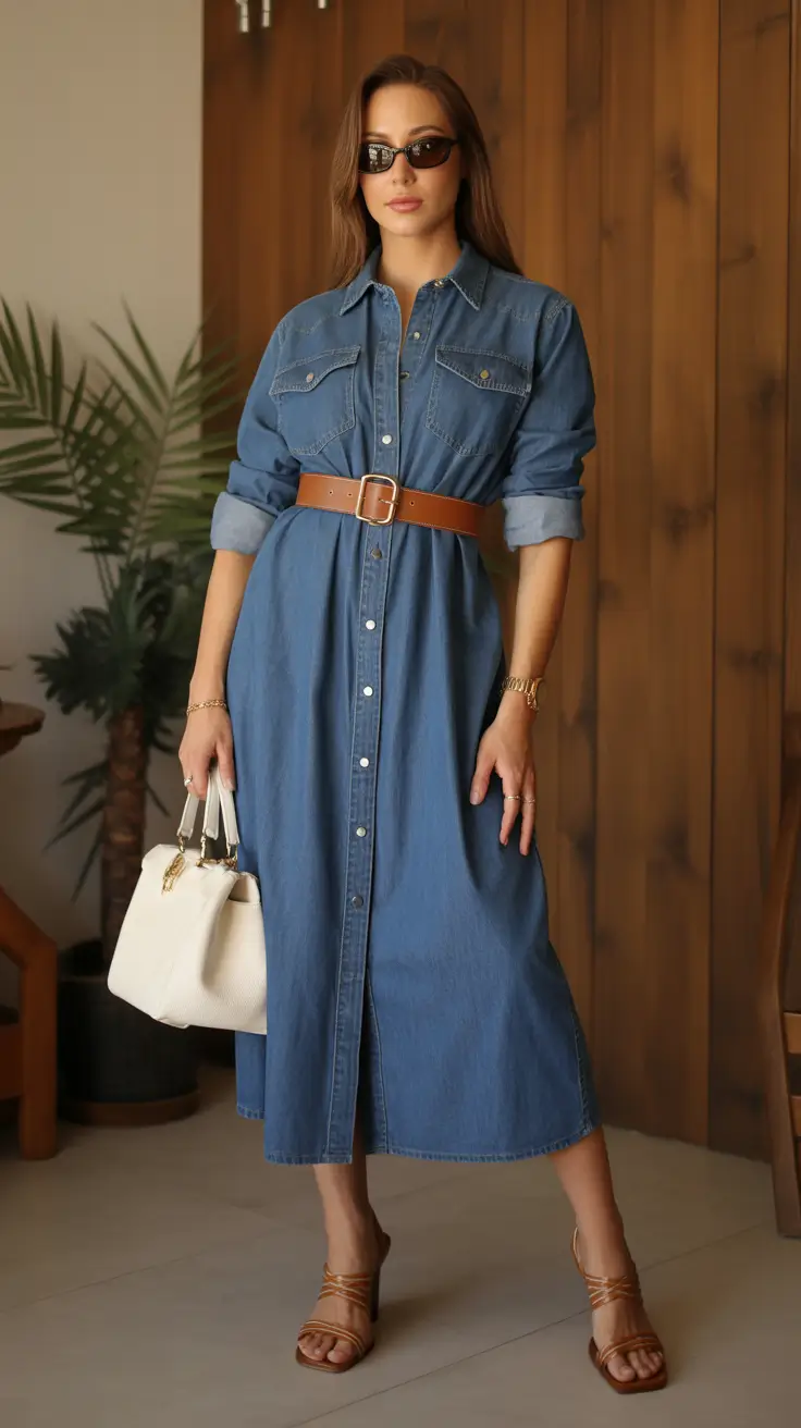 top spring outfits for women over 30 2026 Denim Shirt Dress with Warm Tan Accents