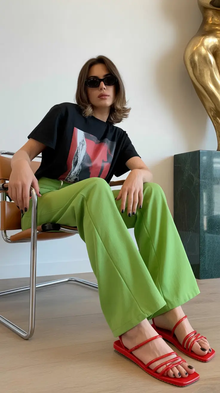 top spring outfits for women over 30 2026 Graphic Tee with Fresh Green Tailoring