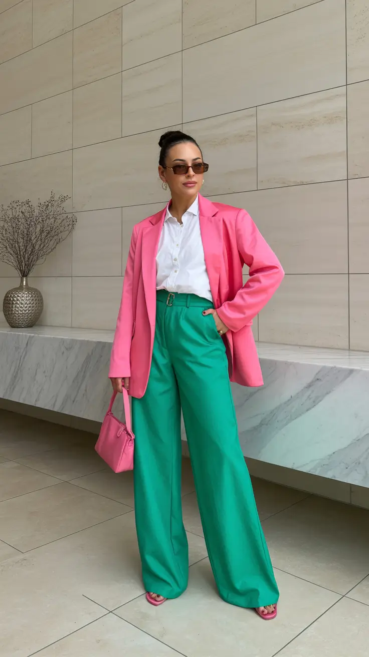 top spring outfits for women over 30 2026 Vibrant Pink and Green Color-Play for Confident Spring Style