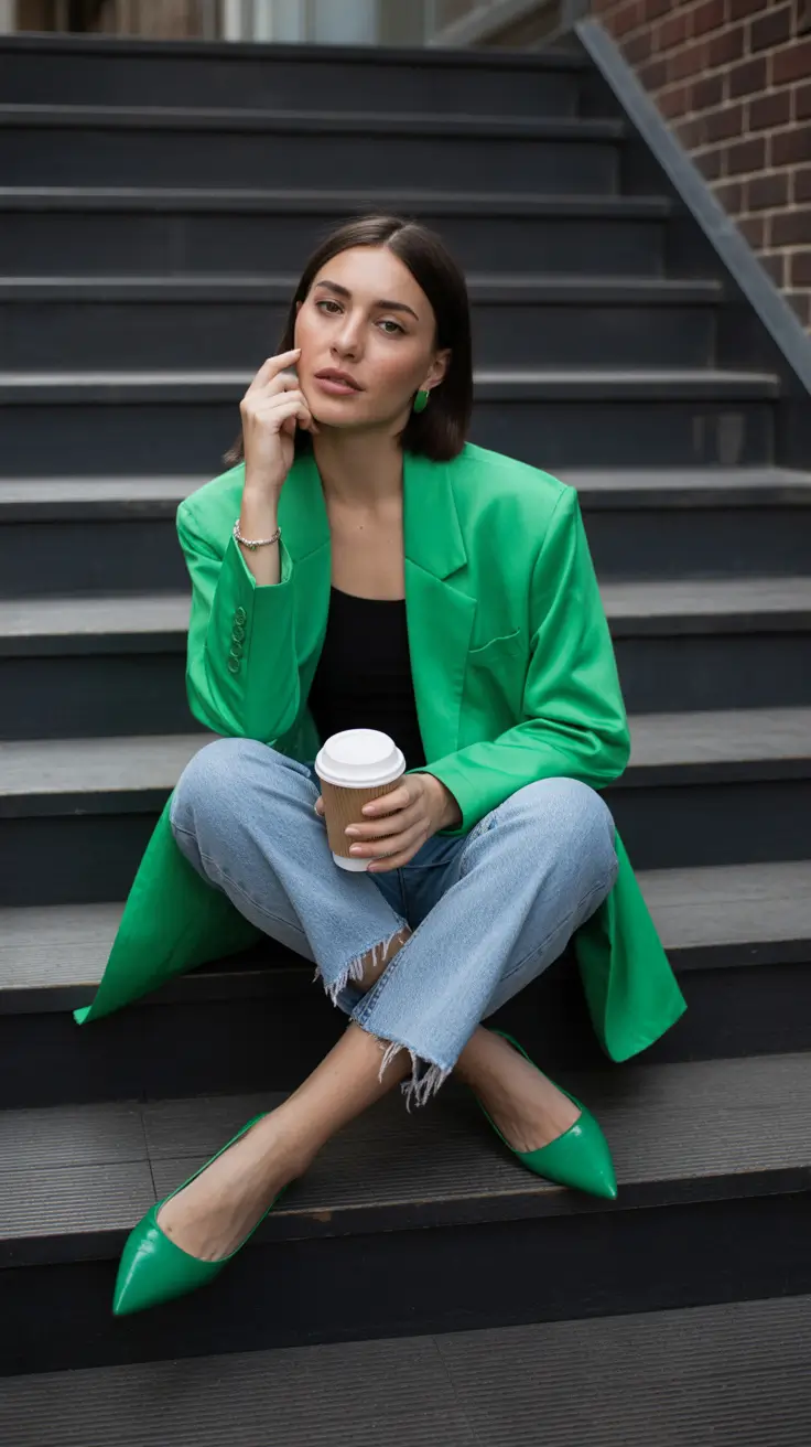 top spring outfits for women over 30 2026 Green Statement Blazer with Relaxed Denim