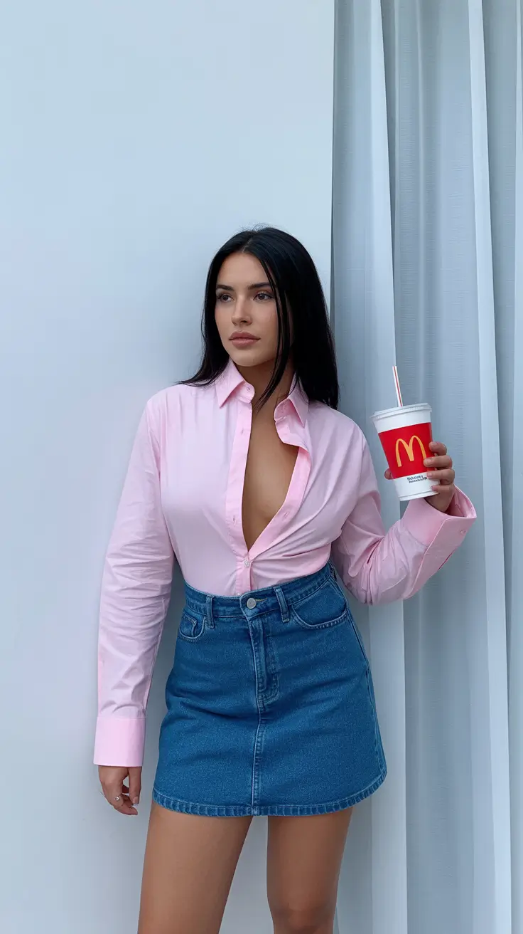 top spring outfits for women over 30 2026 Soft Pink Shirt with a Denim Mini for Weekend Ease