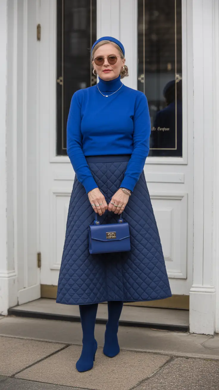 spring-outfits-for-women-over-60-2026 Monochrome Blue Elegance in Quilted Textures
