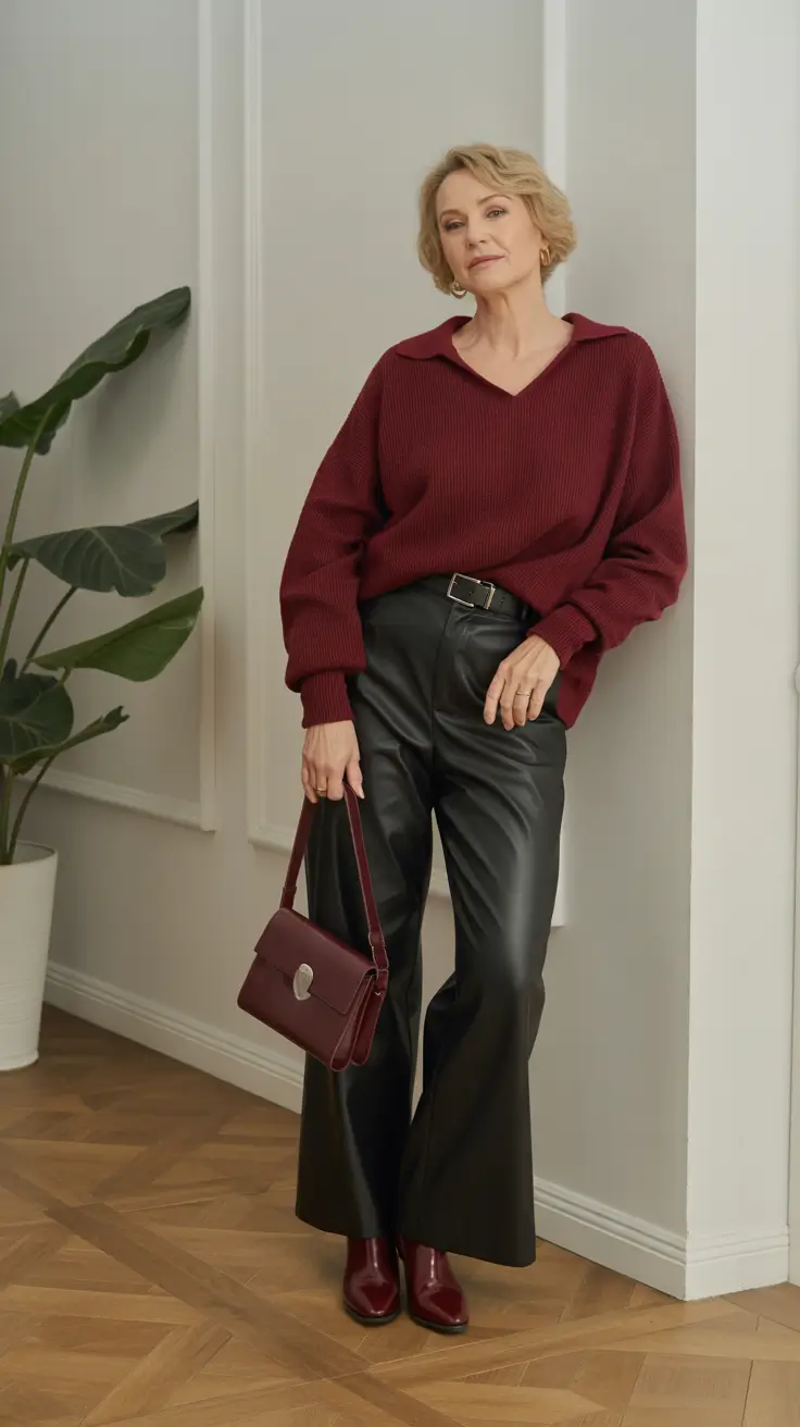 spring-outfits-for-women-over-60-2026 Deep Burgundy Layers with Modern Leather Accents