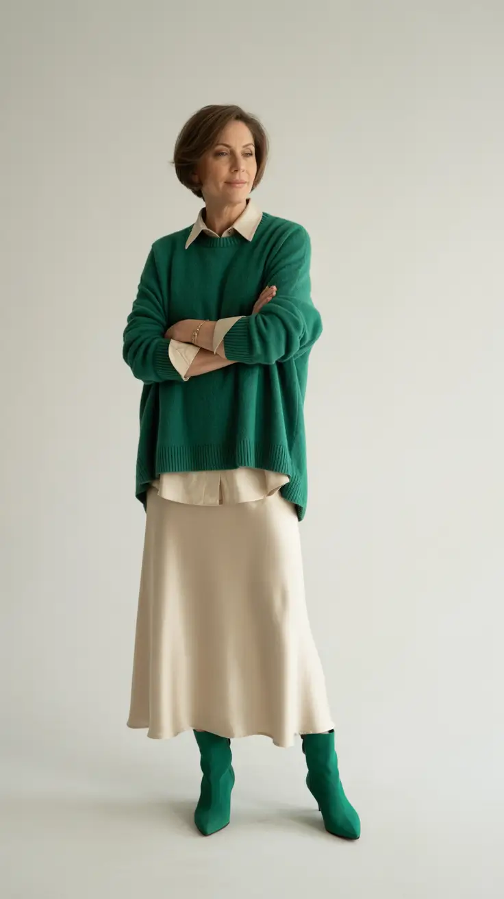 spring-outfits-for-women-over-60-2026 Emerald Layers with Soft Neutrals for Transitional Spring
