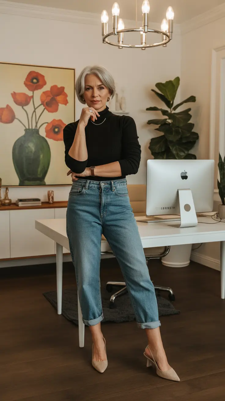 spring-outfits-for-women-over-60-2026 Black Knit Basics with Relaxed Denim Ease