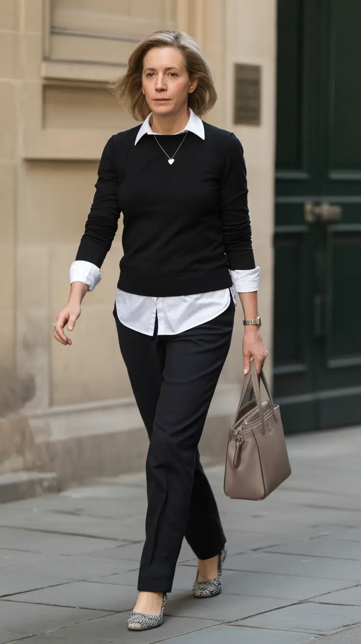 spring-outfits-for-women-over-60-2026 Monochrome Black-and-White for City Mornings