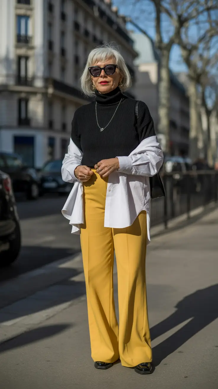spring-outfits-for-women-over-60-2026 Bold Yellow Trousers with Graphic Black Layers