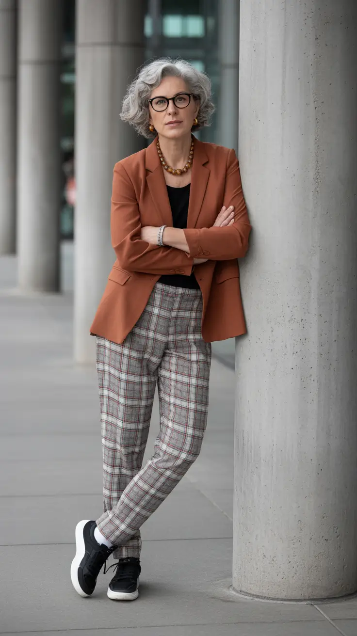 spring-outfits-for-women-over-60-2026 Warm-Toned Tailoring with Playful Plaid
