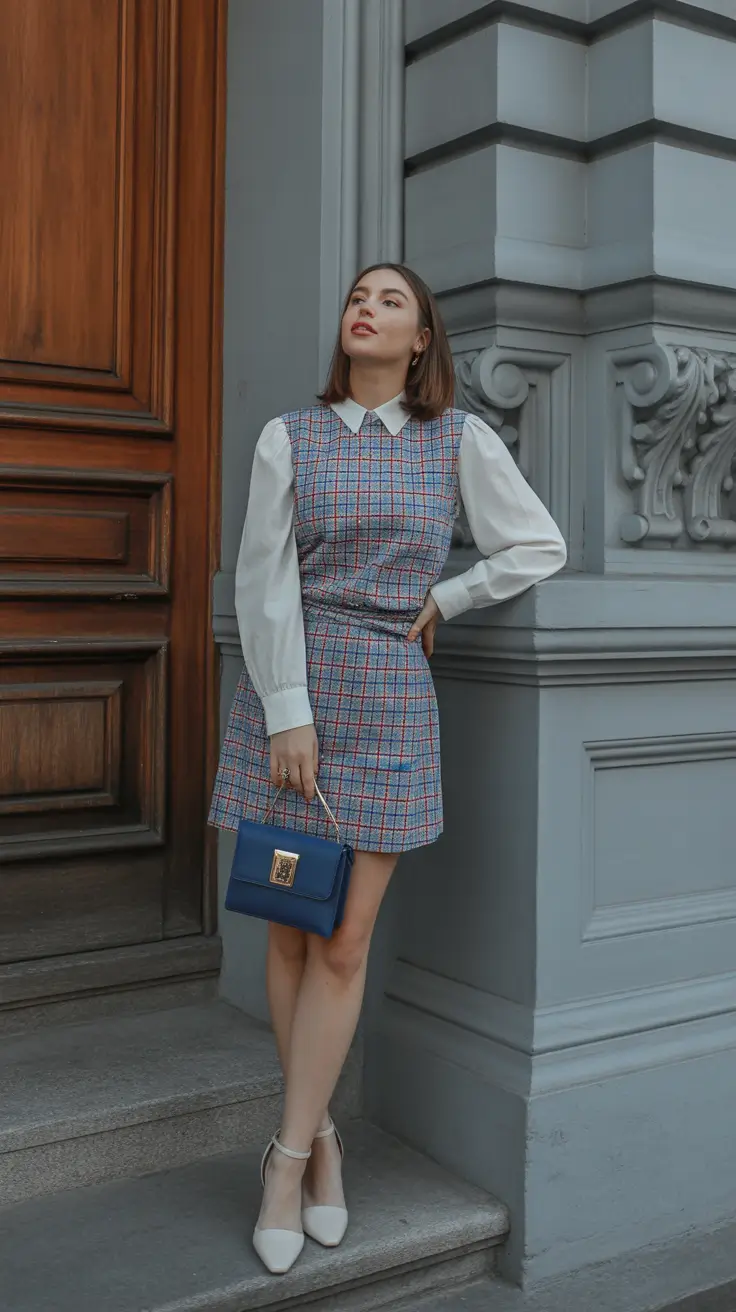 trendy spring preppy outfits 2026 Blue Tweed Charm With a Classic Collar Detail