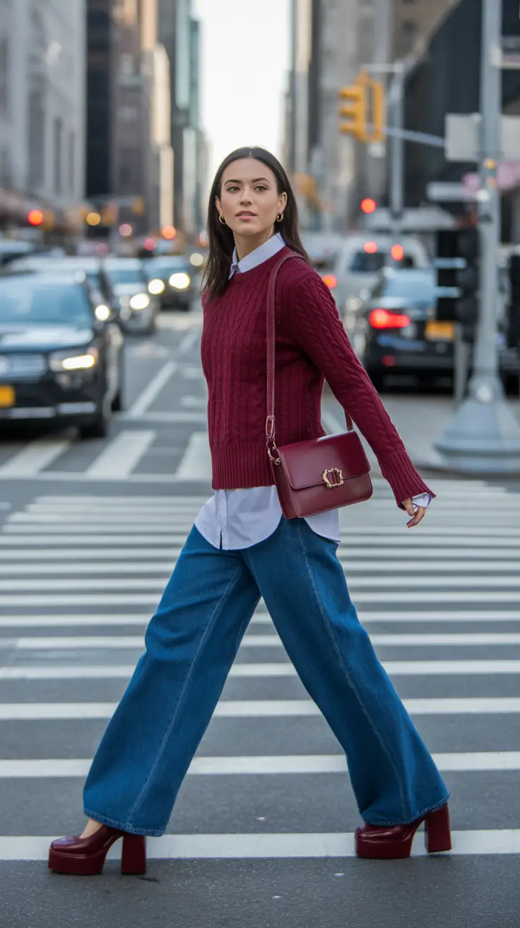 trendy spring preppy outfits 2026 Deep Berry Layers With a Polished City Prep Feel