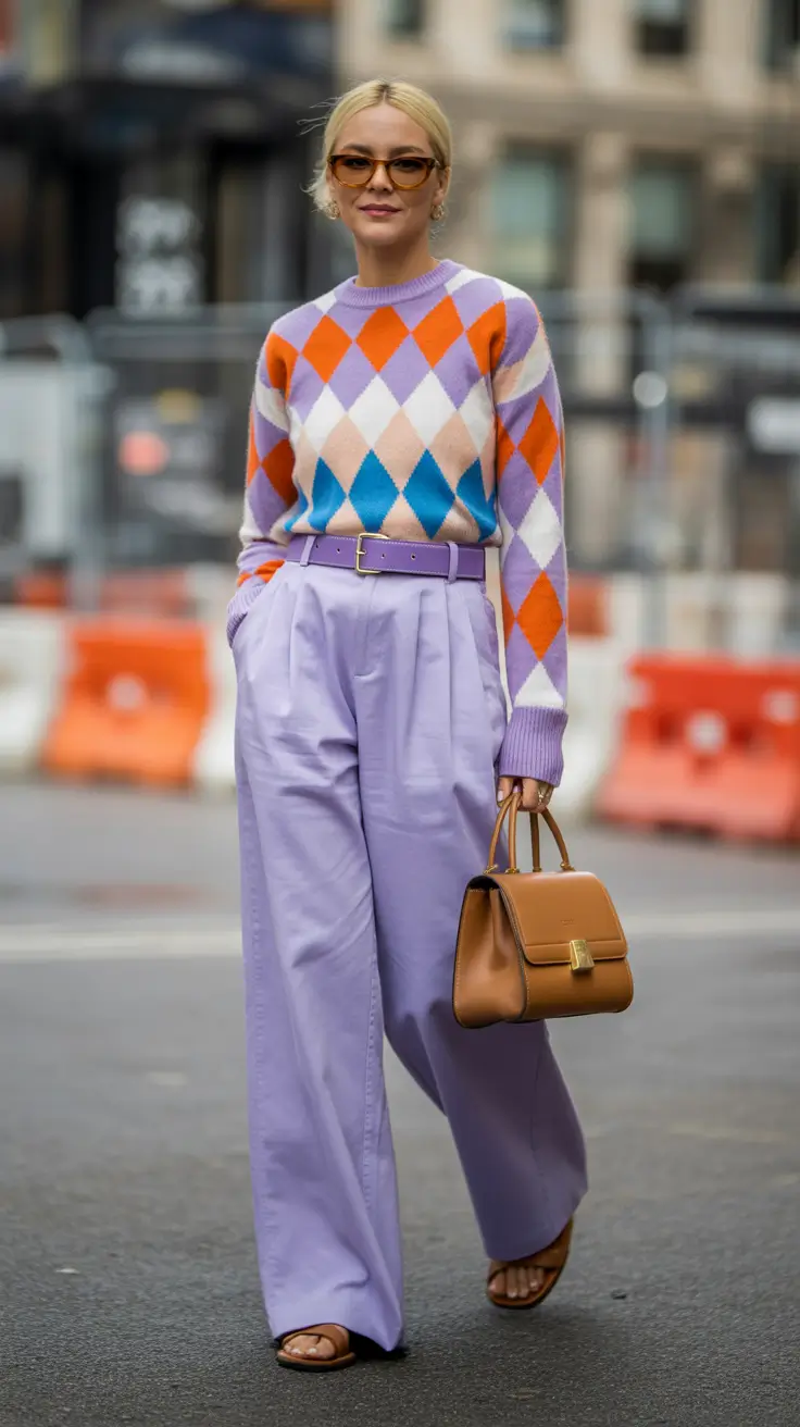 trendy spring preppy outfits 2026 Lavender Layers With a Playful Argyle Touch