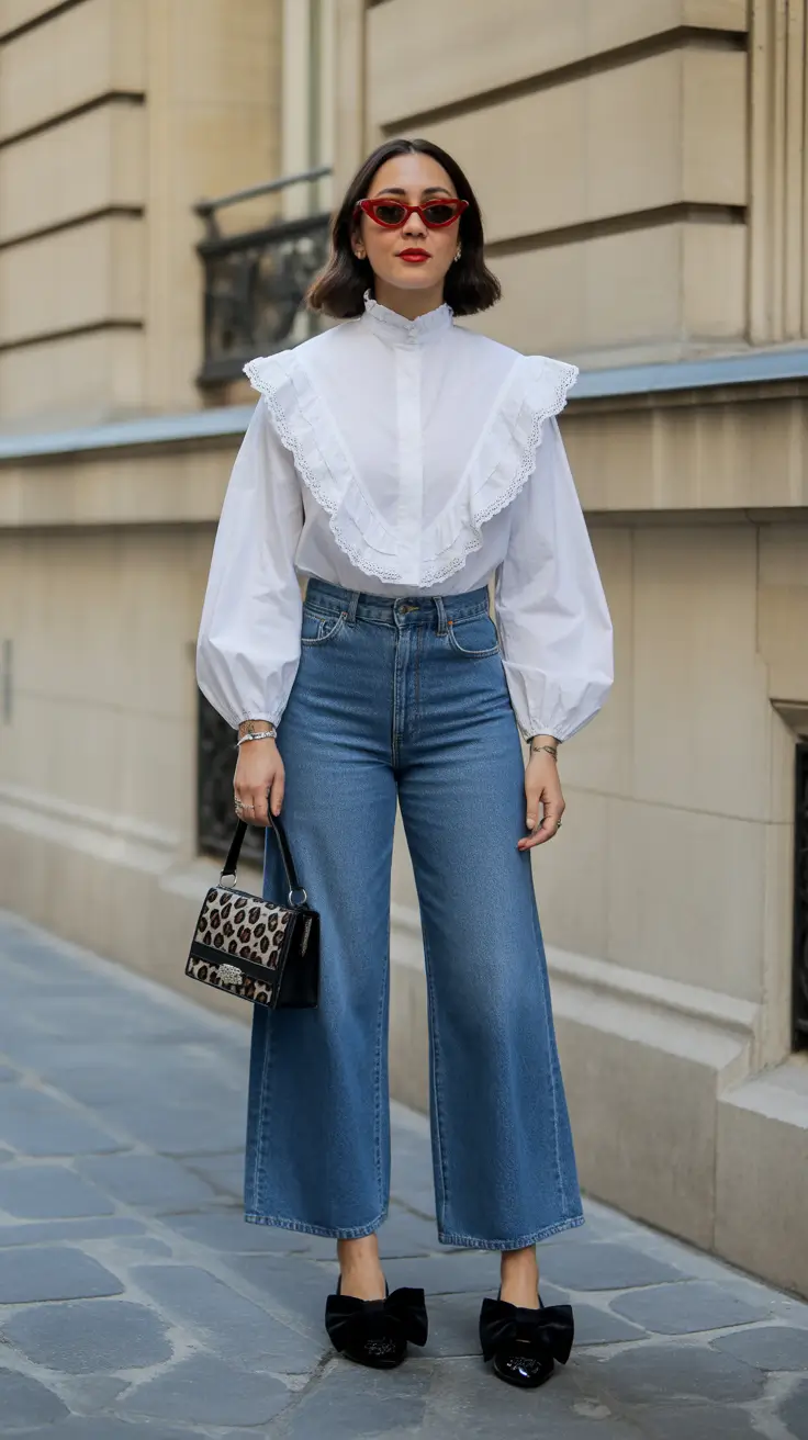 trendy spring preppy outfits 2026 Crisp White Ruffles With Wide-Leg Denim Charm