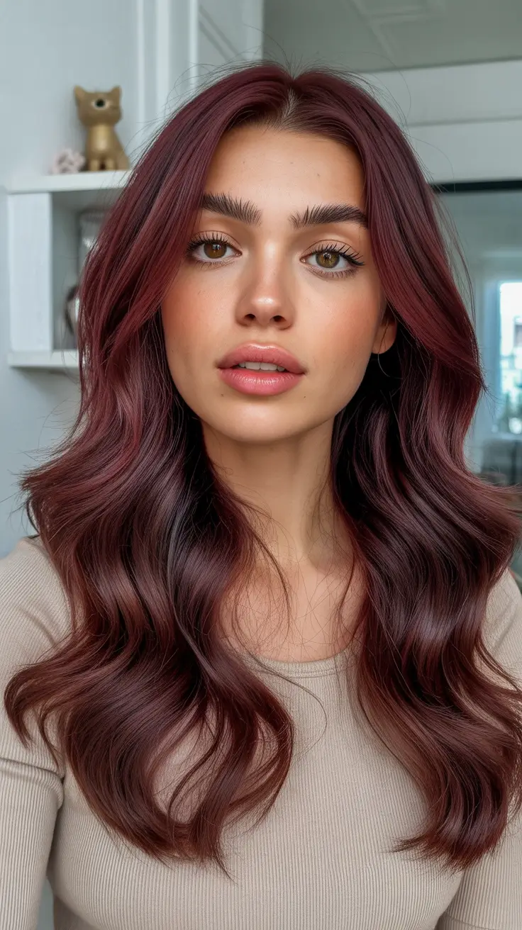 bold spring hair color for tan skin 2026 Glossed Berry Brunette Waves