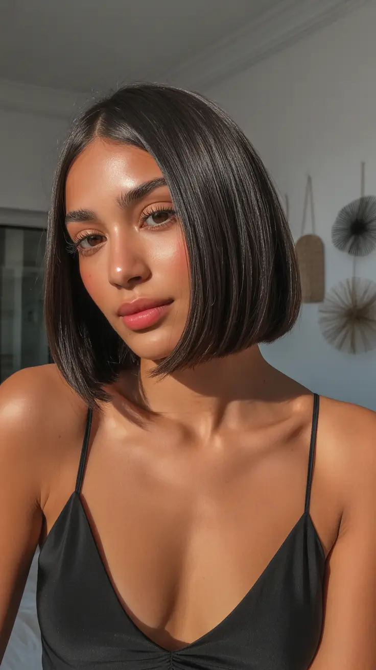 chic spring hair color for light skin 2026 Glossed Cocoa Precision Bob