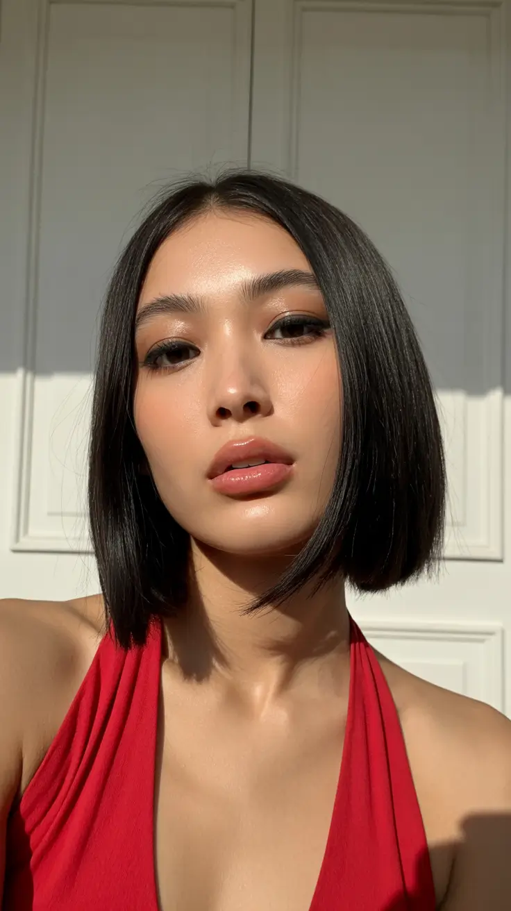 chic spring hair color for light skin 2026 Jet Gloss Micro Bob