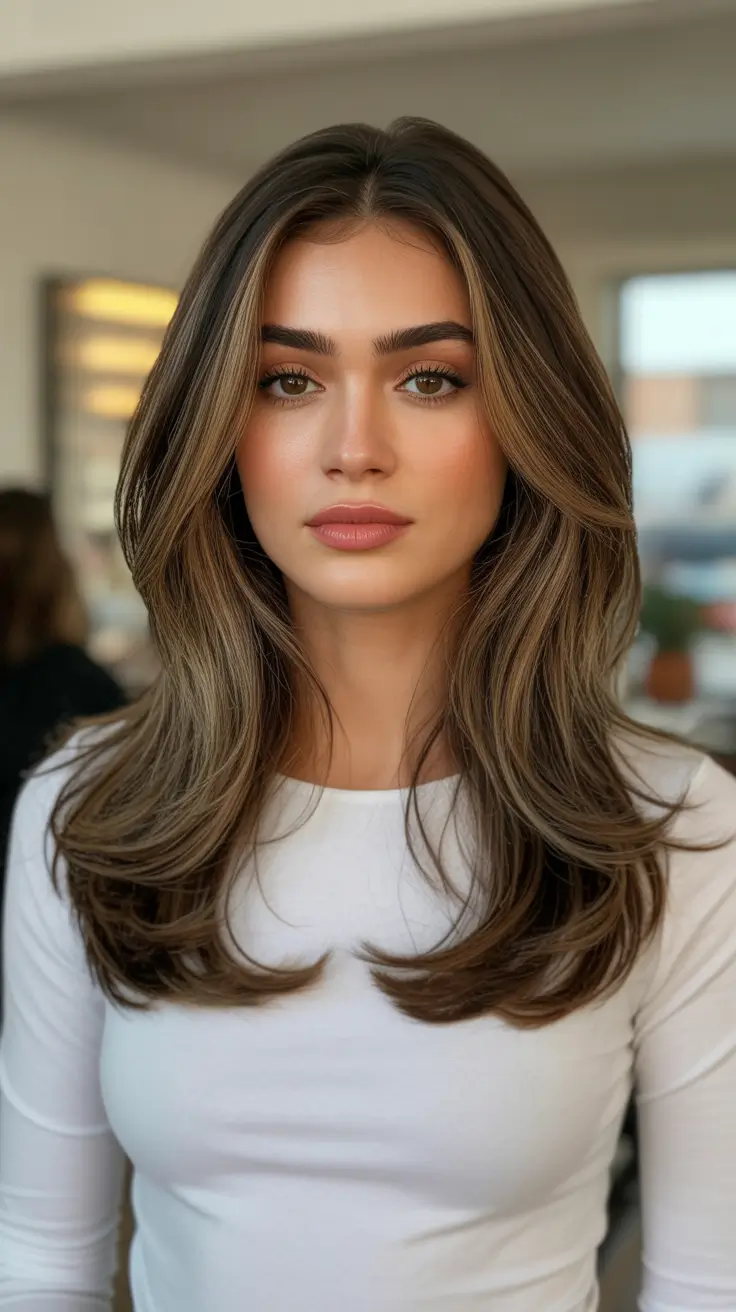 chic spring hair color for light skin 2026 Soft Chestnut Layers with Neutral Shine
