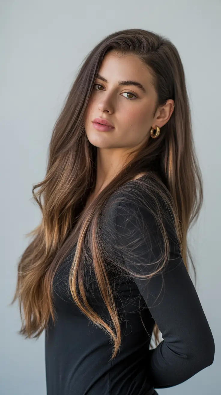 chic spring hair color for light skin 2026 Caramel Ribbon Brunette with Airy Length