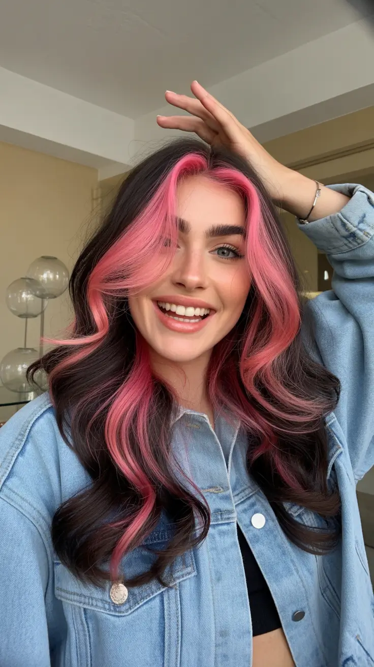 chic spring hair color for light skin 2026 Rose Pop Face-Framing on Espresso Waves