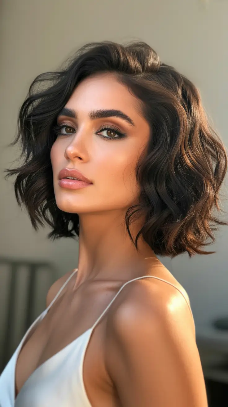 spring hair color trends 2026 Textured Dark Bob with Luminous Depth