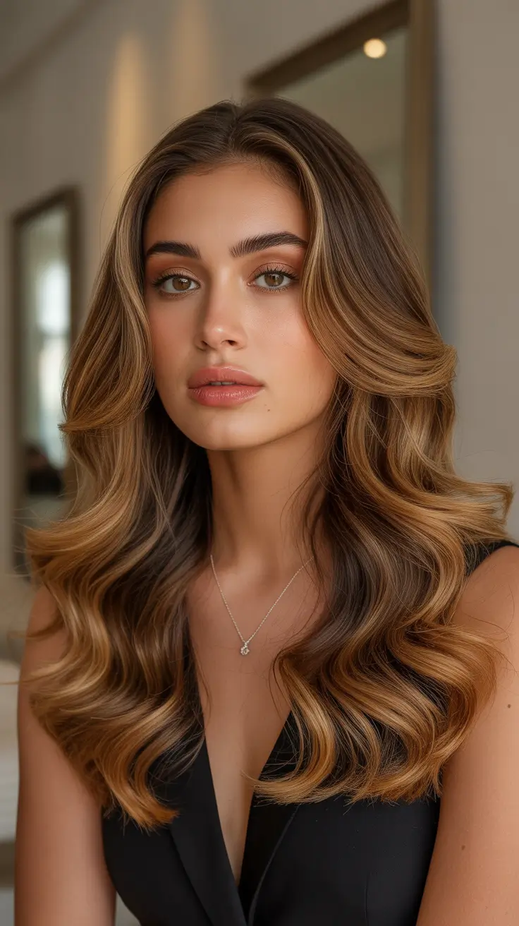 spring hair color trends 2026 Warm Honey Brunette with Soft Sculpted Waves