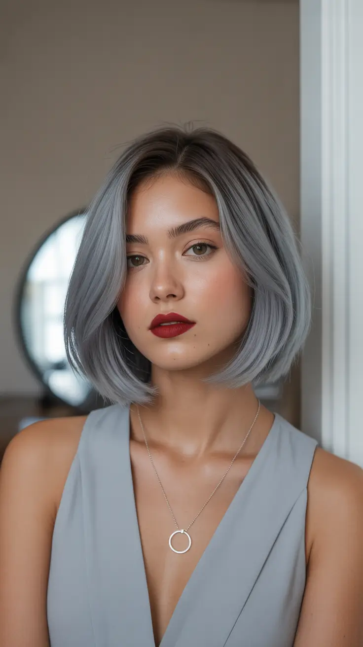 spring hair color trends 2026 Smoky Silver Bob with Modern Edge