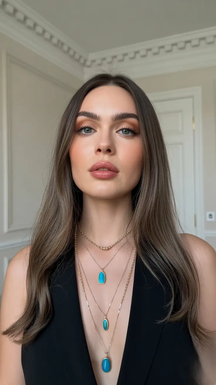 spring hair color trends 2026 Cool Ash Brunette with Sleek Minimalist Flow