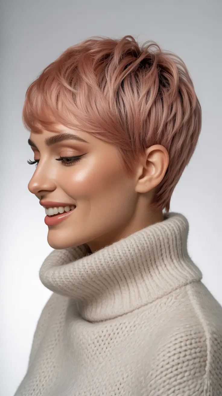 spring hair color trends 2026 Soft Rose Pixie with Touchable Texture
