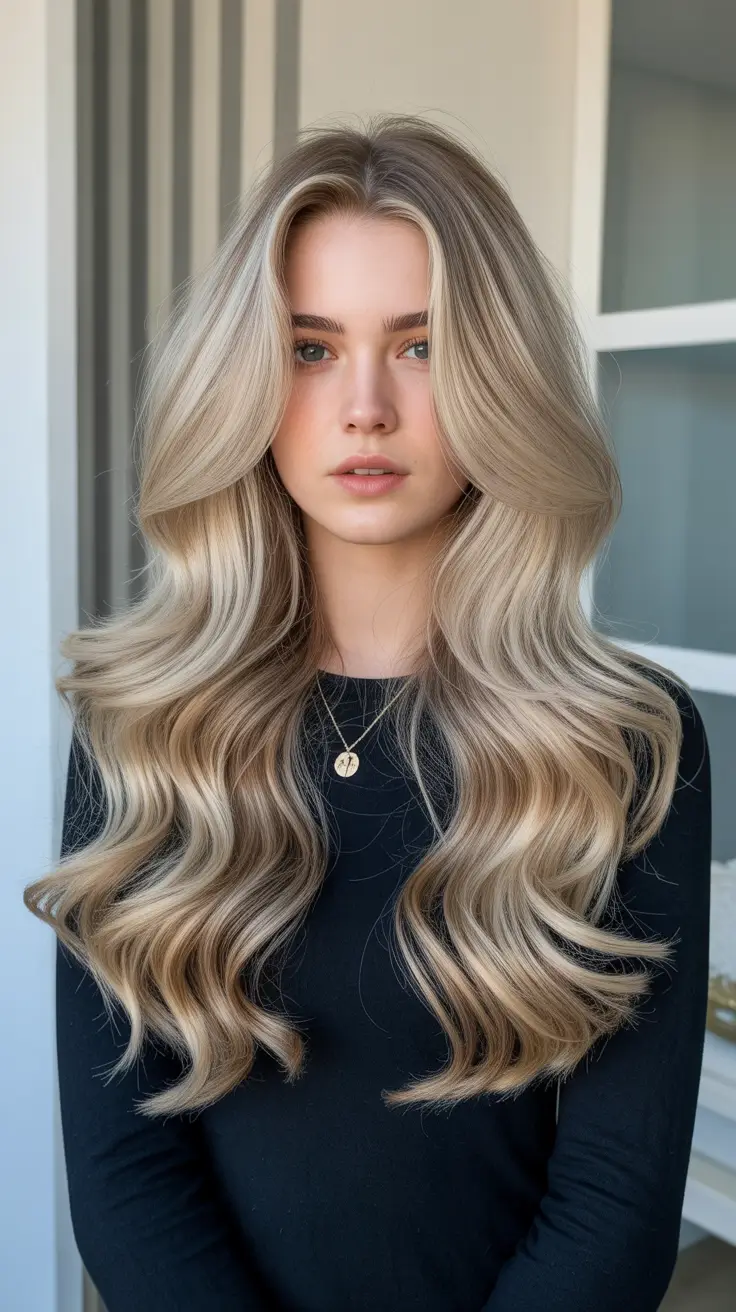 spring hair color trends 2026 Creamy Bronde Waves with Dimensional Flow