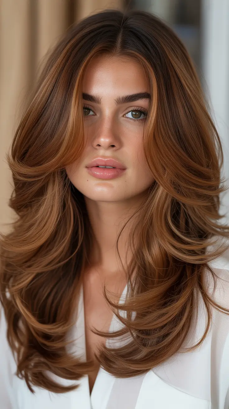 spring hair color trends 2026 Glossy Chestnut Layers for Dimensional Warmth