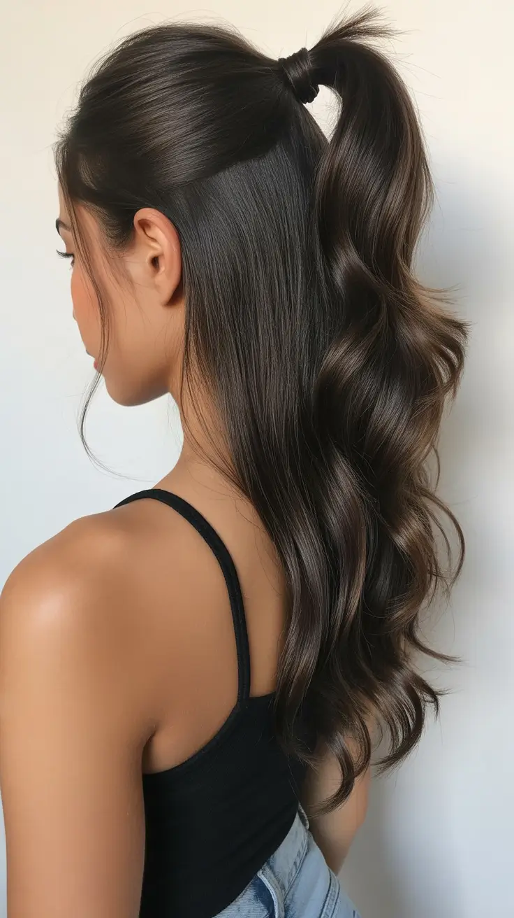 chic spring half up half down hairstyle 2026 Sleek High Half-Up Pony with Glossy Waves