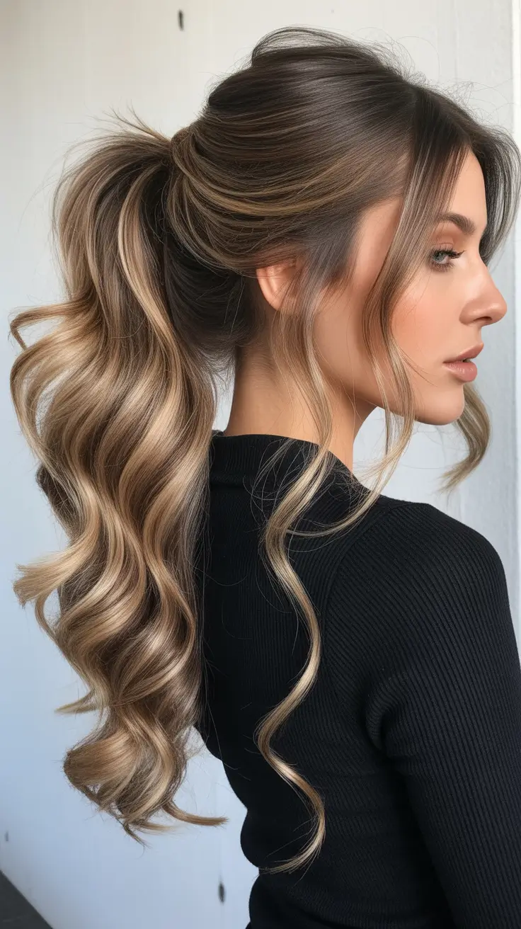 chic spring half up half down hairstyle 2026 Voluminous High Half-Up Pony with Face Framing Waves