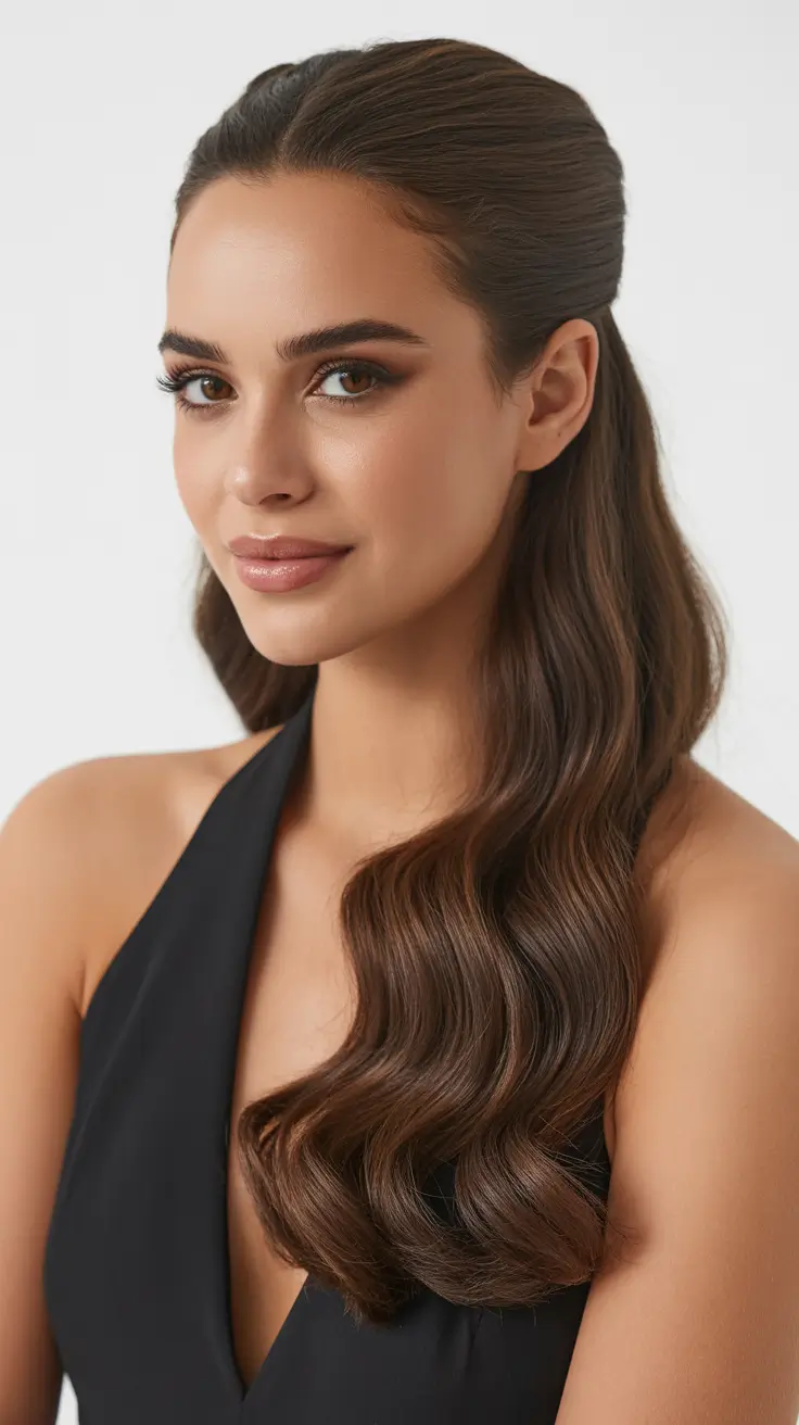 chic spring half up half down hairstyle 2026 Sleek Crown Half-Up with Glassy Waves