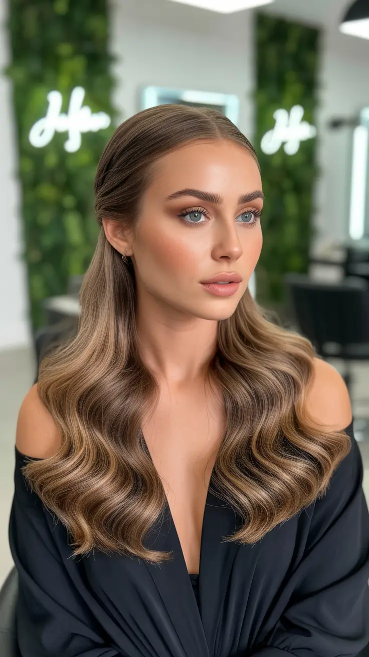 chic spring half up half down hairstyle 2026 Center-Part Polished Half-Up Waves