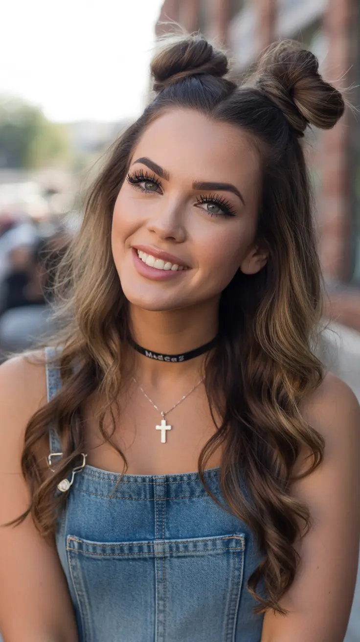chic spring half up half down hairstyle 2026 Playful Double Mini Bun Half-Up