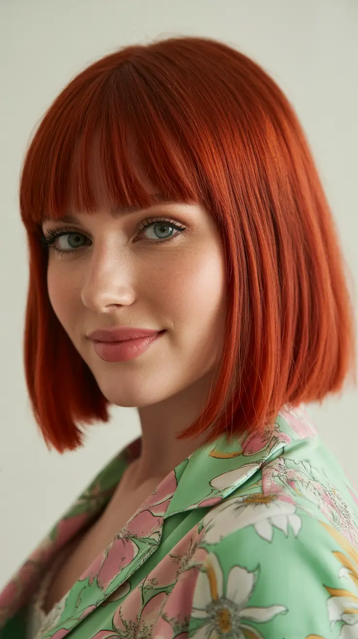 cute spring haircuts for heart face shape 2026 Graphic Copper Bob with Blunt Confidence
