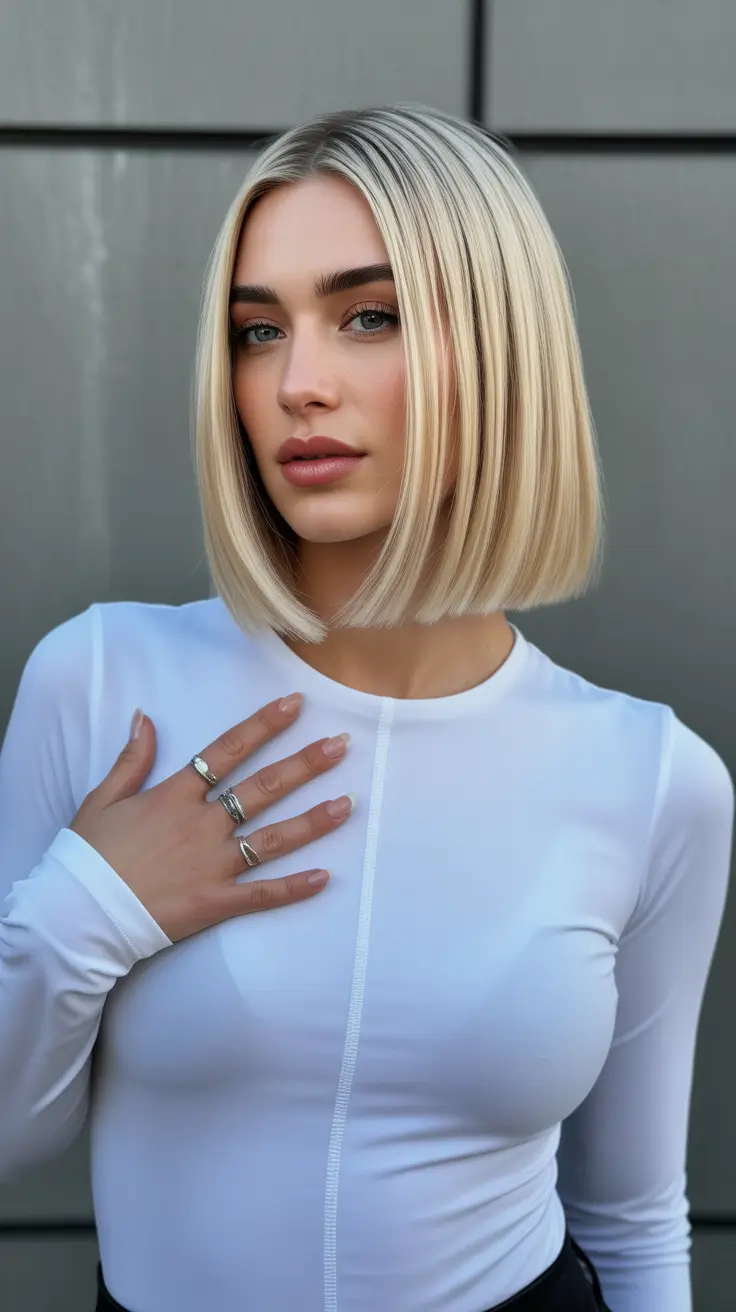 cute spring long bob haircut ideas 2026 Polished Platinum Long Bob With Blunt Finish