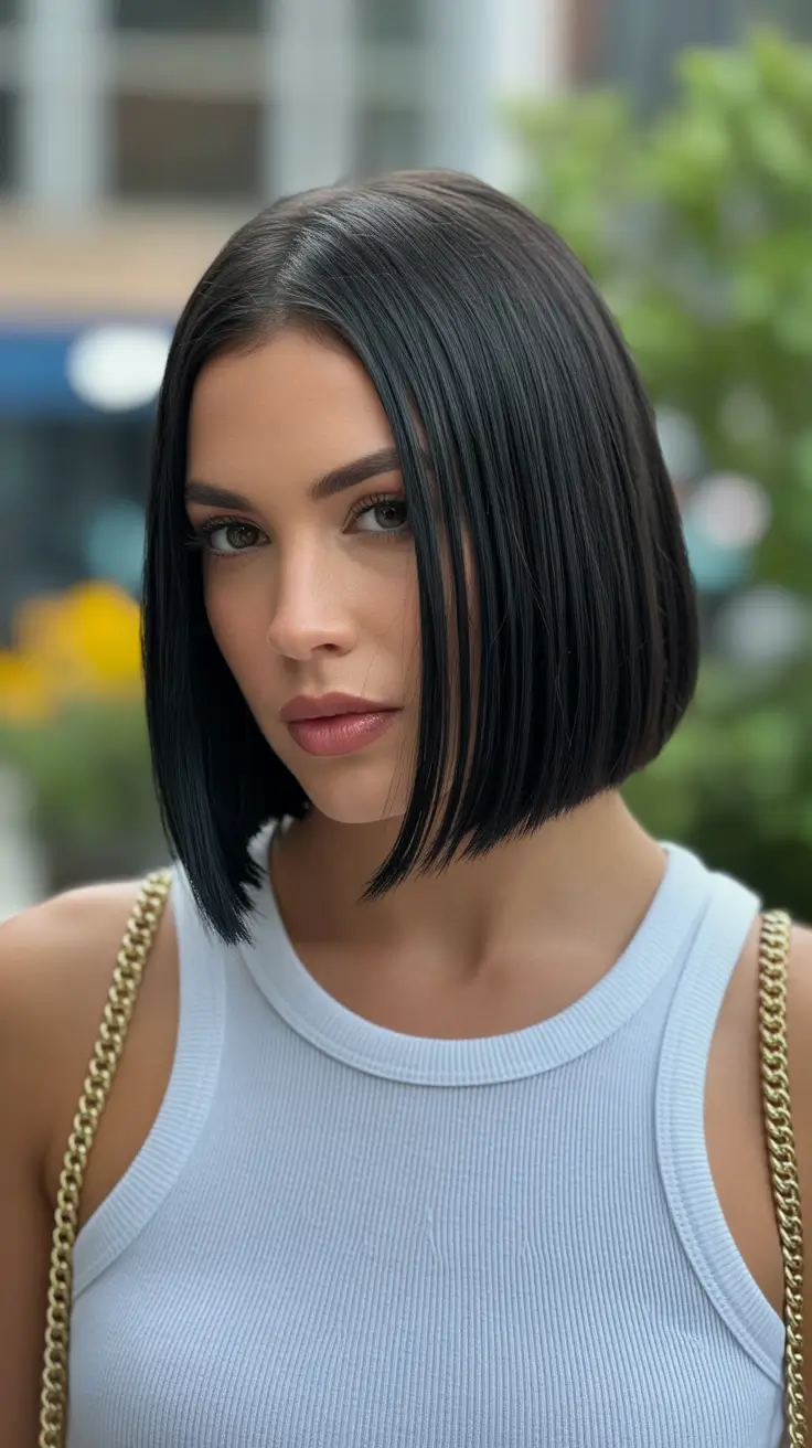 cute spring long bob haircut ideas 2026 Jet Black Long Bob With Sharp Definition
