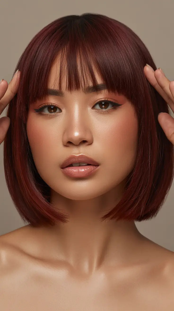 cute spring long bob haircut ideas 2026 Playful Auburn Long Bob With Full Bangs