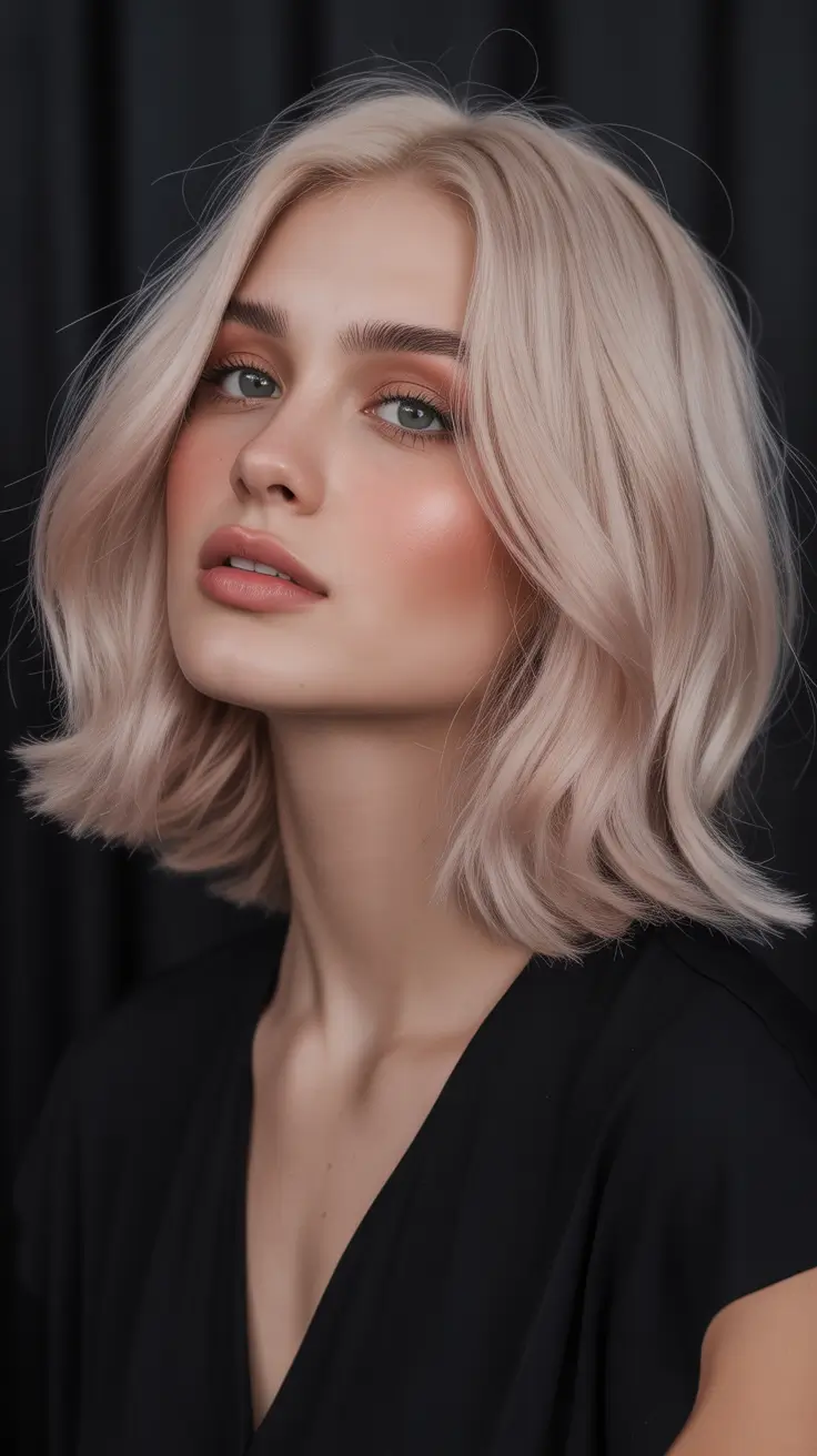 cute spring long bob haircut ideas 2026 Soft Rose Blonde Long Bob With Gentle Waves