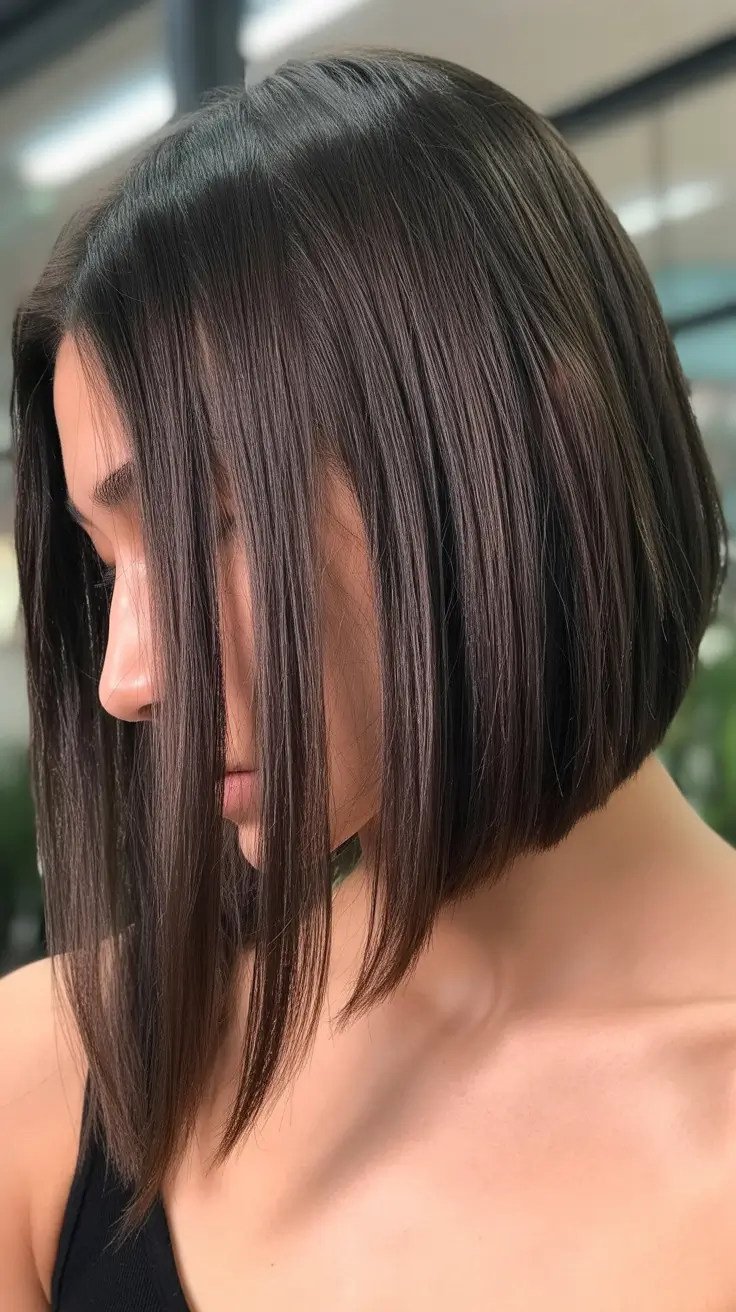 cute spring long bob haircut ideas 2026 Angled Brunette Long Bob With Sharp Precision
