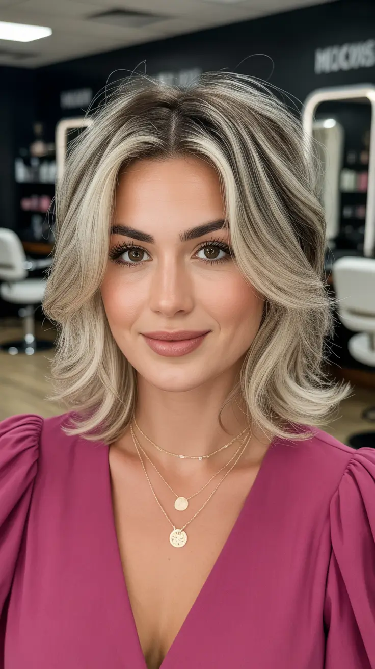 cute spring mom haircut ideas 2026 Soft Ash Blonde Shag With Face Framing Layers