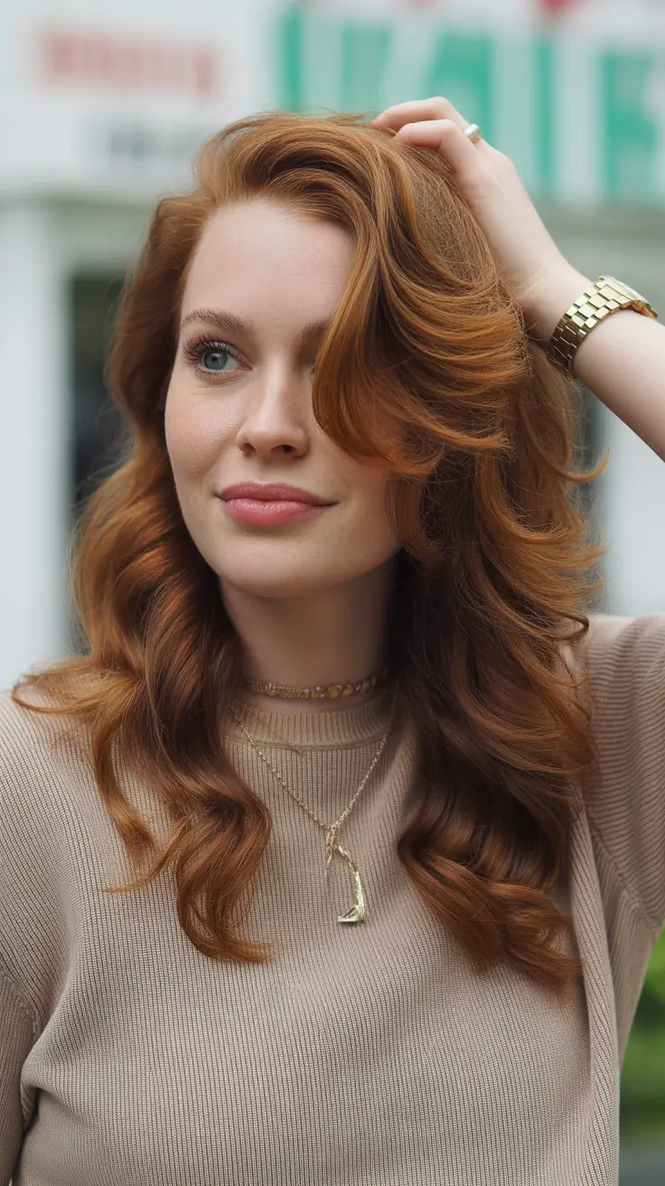 cute spring mom haircut ideas 2026 Long Copper Waves With Soft Volume