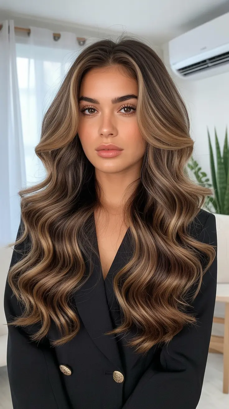 cute spring mom haircut ideas 2026 Long Espresso Waves With Seamless Layers