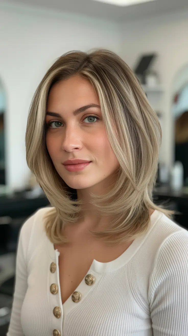 cute spring mom haircut ideas 2026 Feathered Shoulder Length With Soft Face Frame