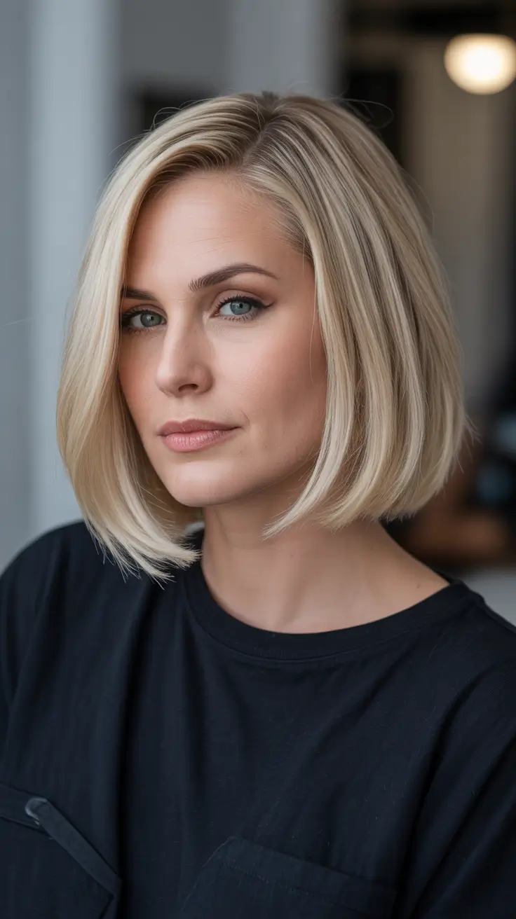 cute spring mom haircut ideas 2026 Sleek Blonde Bob With Subtle Layers