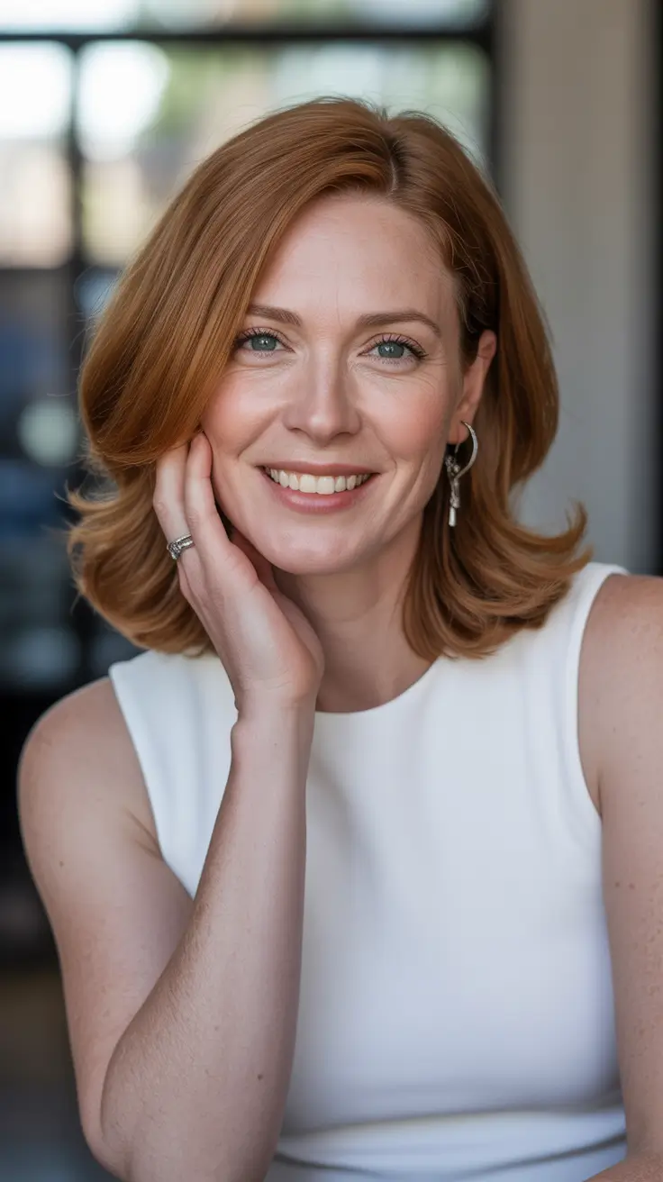 cute spring mom haircut ideas 2026 Soft Auburn Shoulder Length With Natural Volume